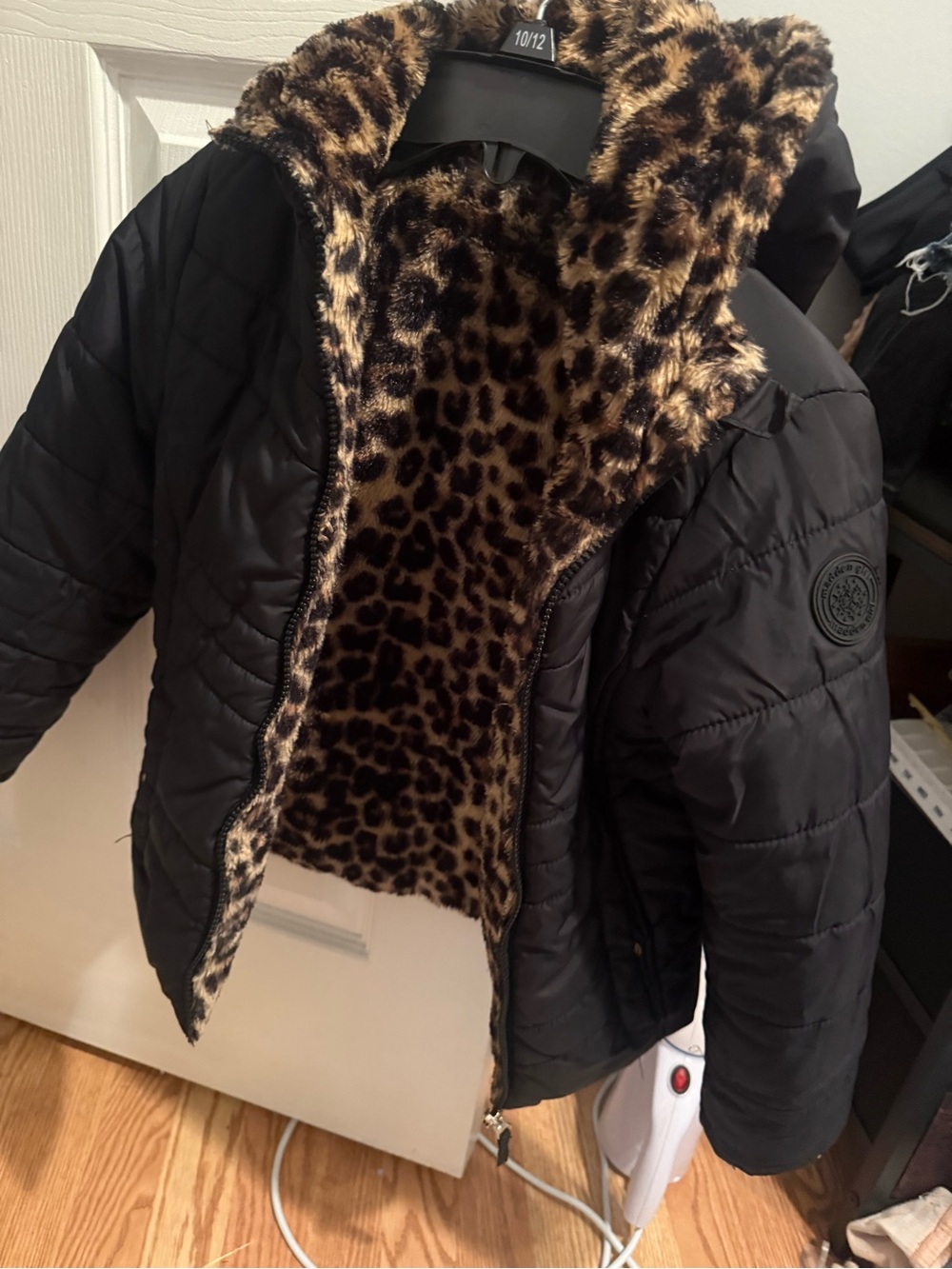 Madden Girl Black Puffer Jacket with Leopard Faux-Fur Lining. Reversible
